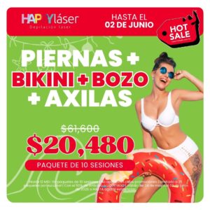 Depilación láser piernas + bikini + bozo + axilas